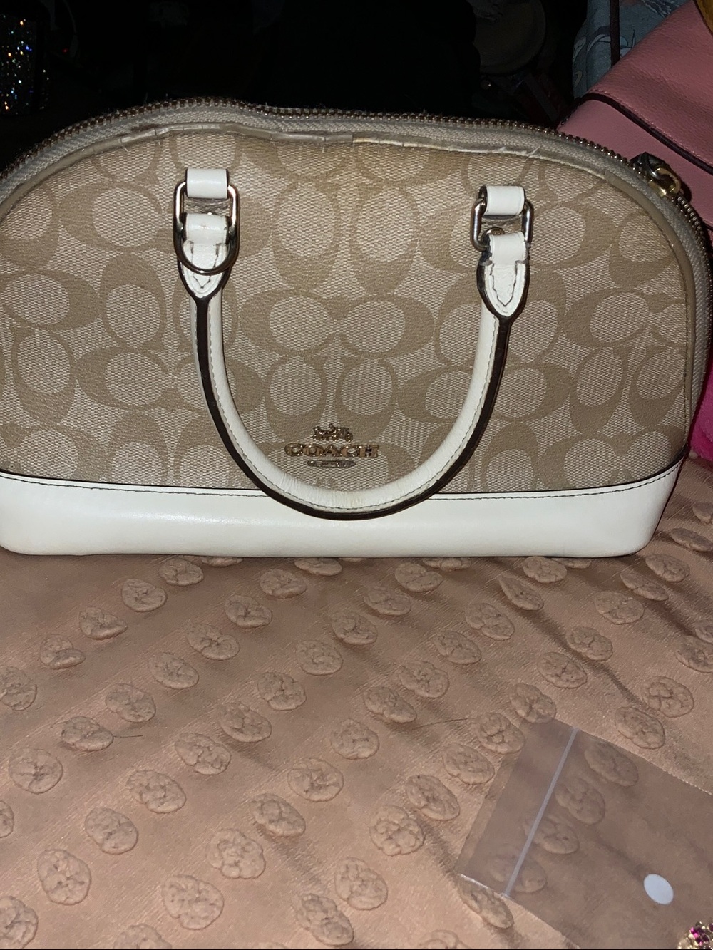 Coach Beige Signature Dome Satchel with White Trim